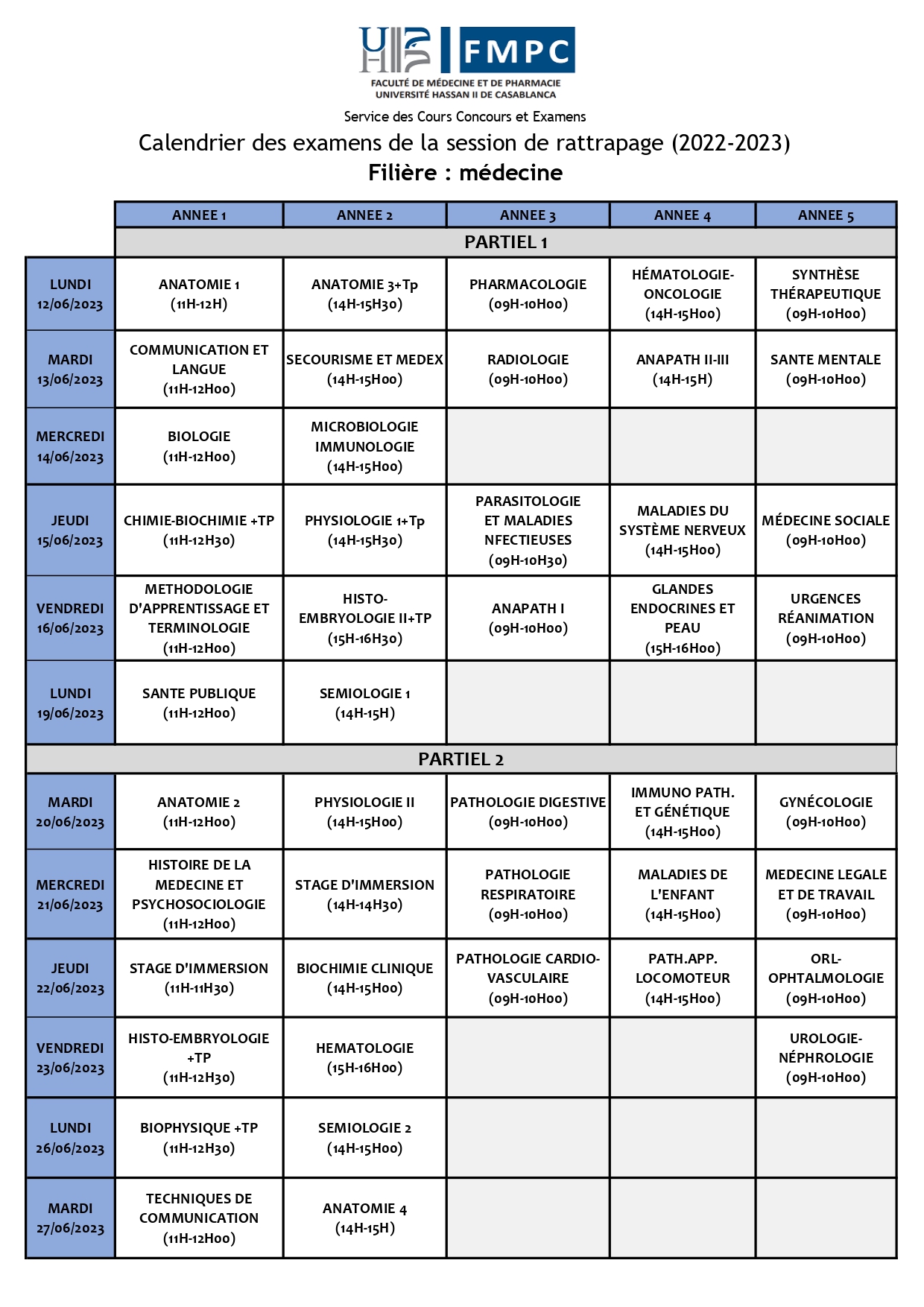 Rattrapage des cours de 4ème année (semaine du 08 au 13 janvier 2024) –  modifié – Faculté de Médecine et de Pharmacie d'Agadir